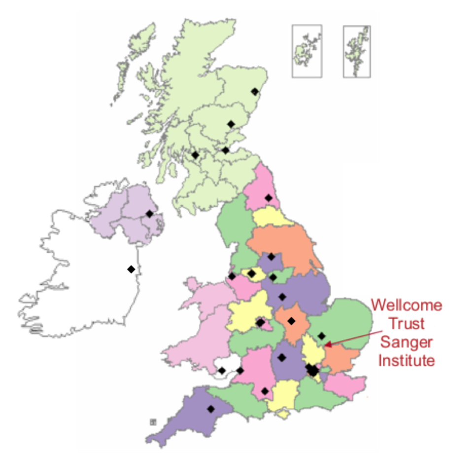 Map of the UK showing locations of the NHS Regional Genetics Services